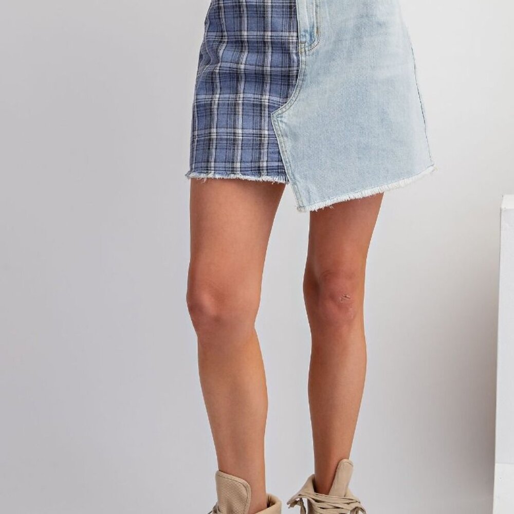 50109 EASEL Lt Blue Denim Mini Skirt w Contrast Panel S/M/L - Picture 1 of 3